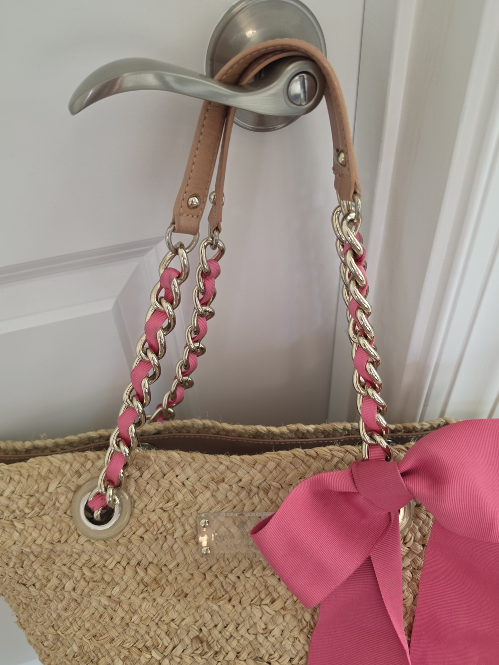 kate spade Natural Straw Shoulder Tote with Pink Bow - Picture 3 of 12